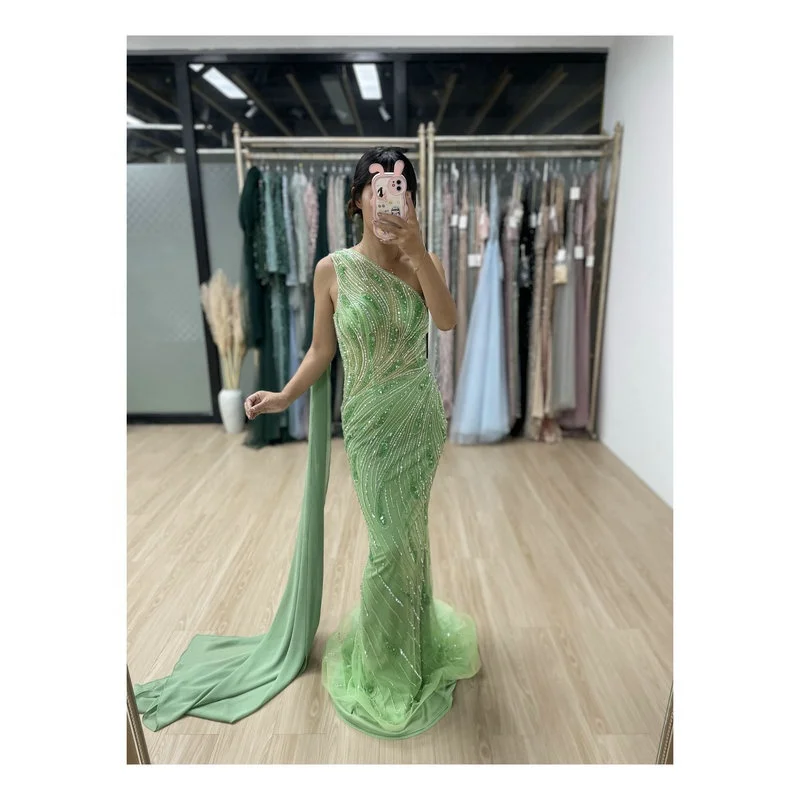 Luxury Long Shawl One Shoulder Evening Couture Mermaid Dresses Beading Embroidered Pageant Prom Dresses For Attractive Women