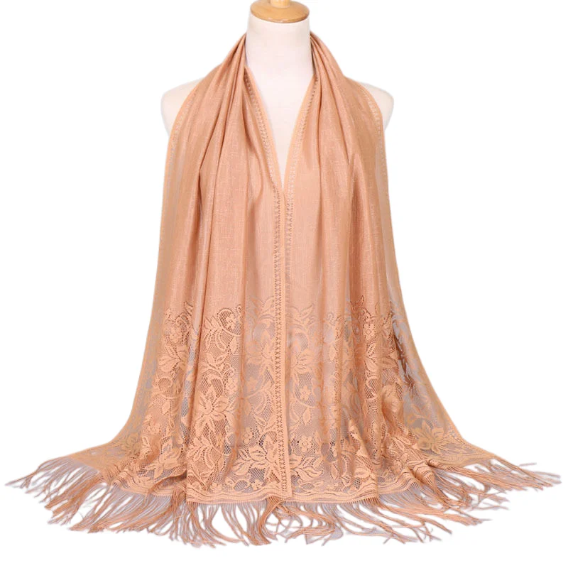 Muslim scarf hijab solid color lace hollow fringed silk scarf female summer Malaysia long scarf shawl