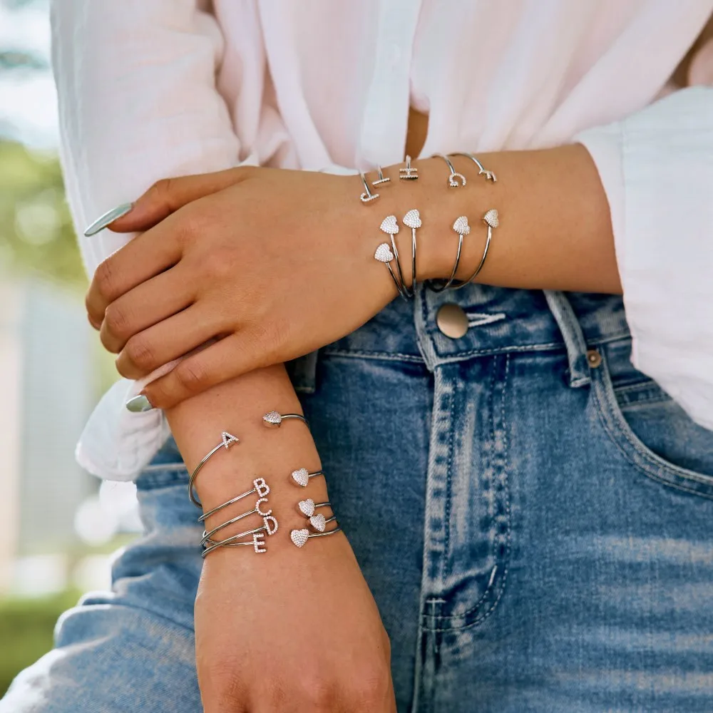 Dylam E Letter Alphabet Bangle Cuff Bracelets Plated Love All 26 Letter Silver Bracelets for Women Friendship Birthday Gifts