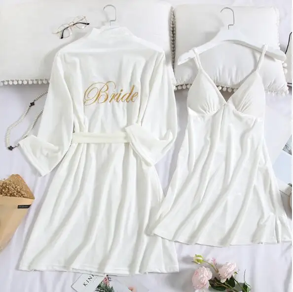 2Pcs Bride And Bridesmaid Pajamas Long Sister Group Wedding Embroidery Spring Gold Velvet Ladies Suspender Nightgown Set