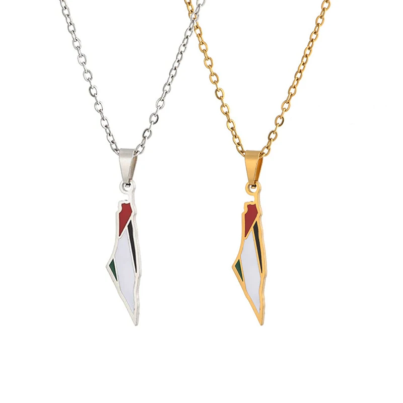 No Fading Stainless Steel Israel Palestine Map Pendant Necklace Enamel Palestinian Flag Necklace Jewelry