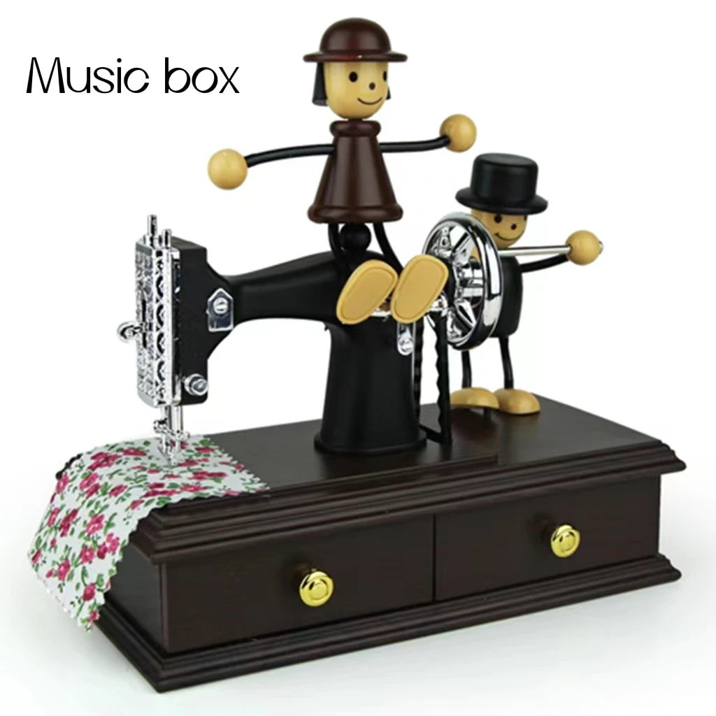 Hand crank custom wooden vintage music box Sewing machine music box
