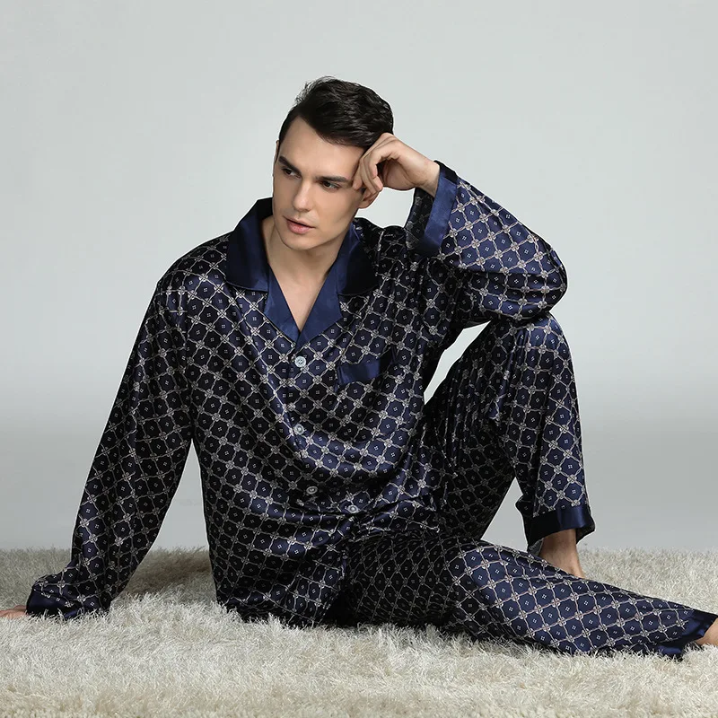 Customized Logo Silk Satin Pajamas Men Sleepwear Two Piece Night Gowns