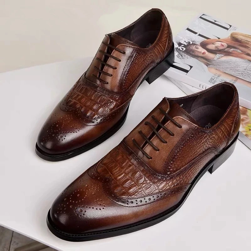 Brown Black Men Casual Dress Shoes Lace Up PU Leather Luxury Party Groom Wedding Pointed Toe Shoes for Men