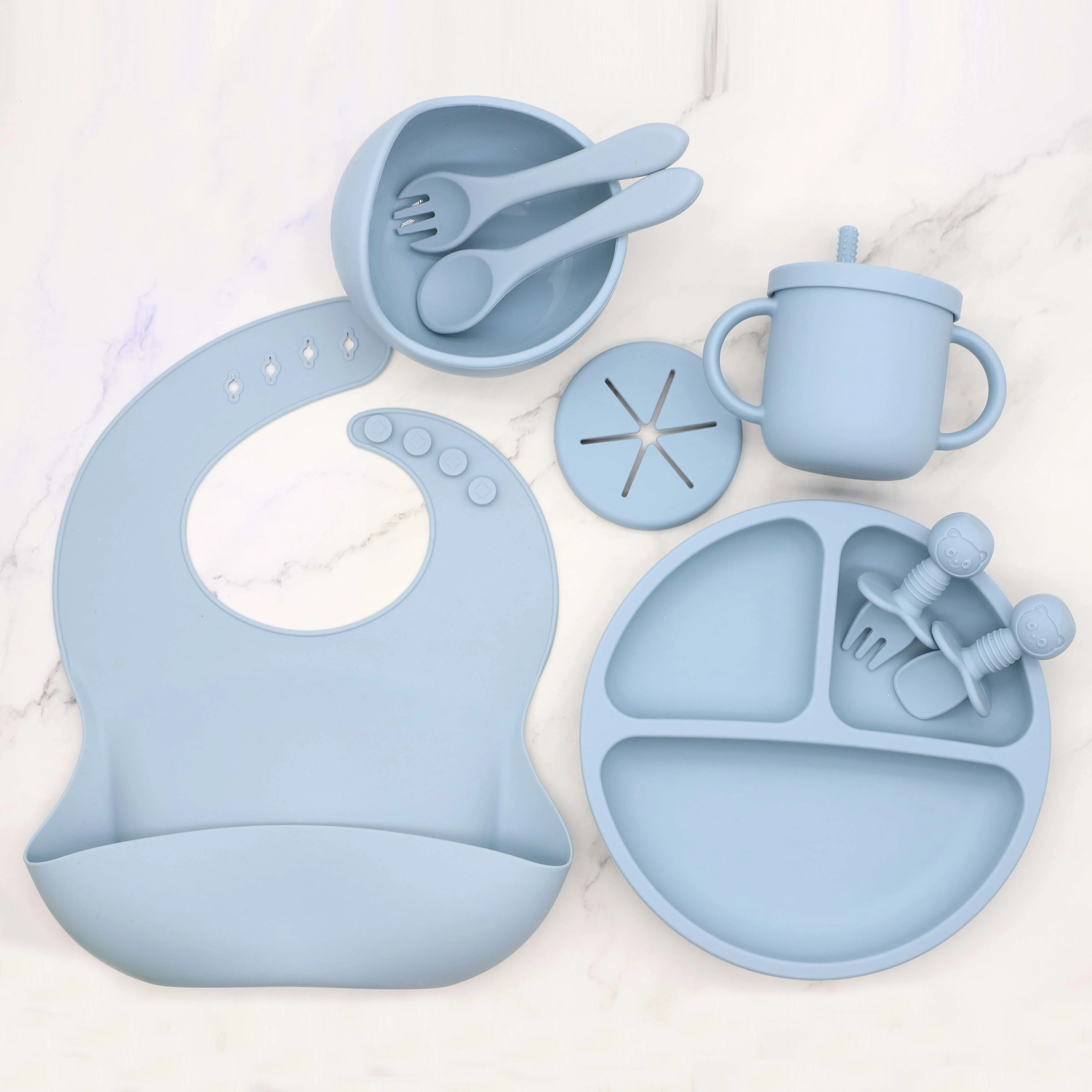 BPA Free Custom Logo Cheap 9PCS Kids Silicone bib Baby Plates Bowl 2-in-1 snack cup Gift Sets Silicone Baby Feeding Sets
