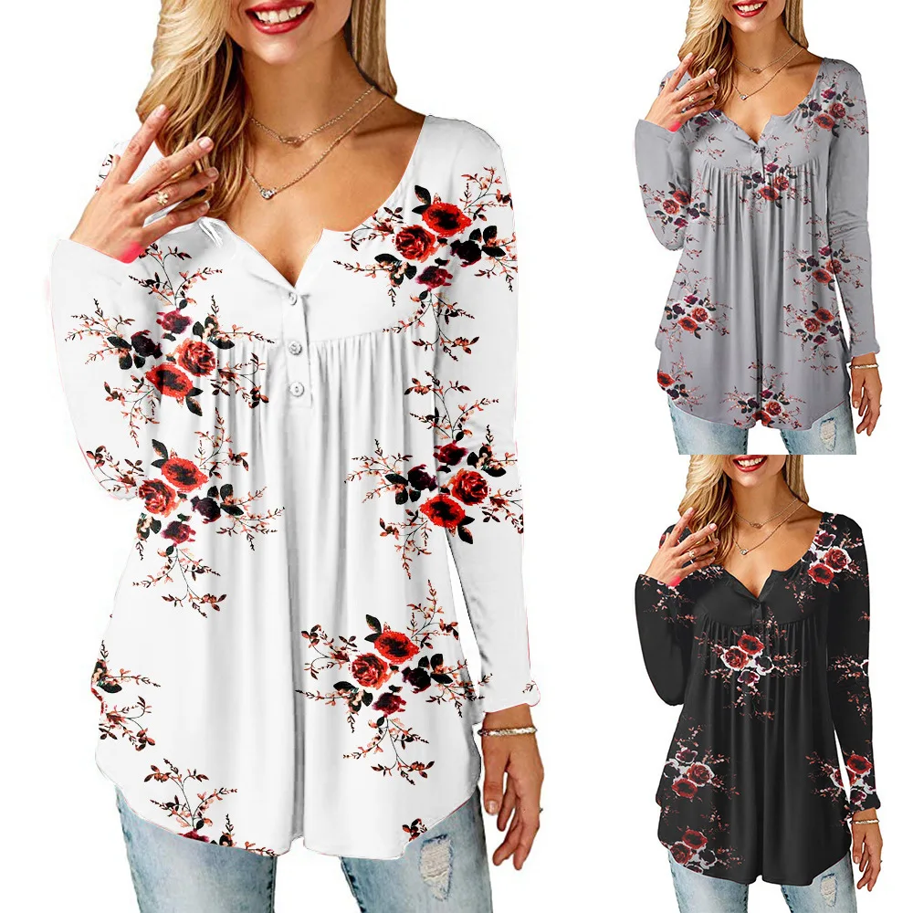 Amazon supplier OMJ OEM plus size casual floral print long sleeves shirts front buttons placket women blouse t shirt