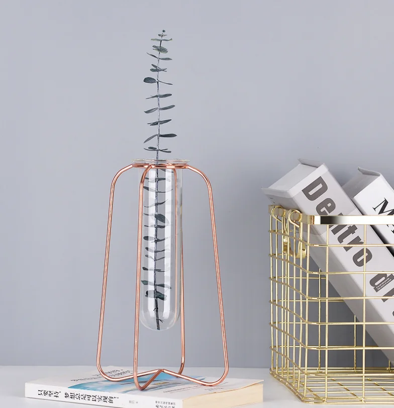 Ins hot sale High quality Metal Frame Wrought Iron Flower Glass Vase Decorative metal wire flower vase For Home Decor