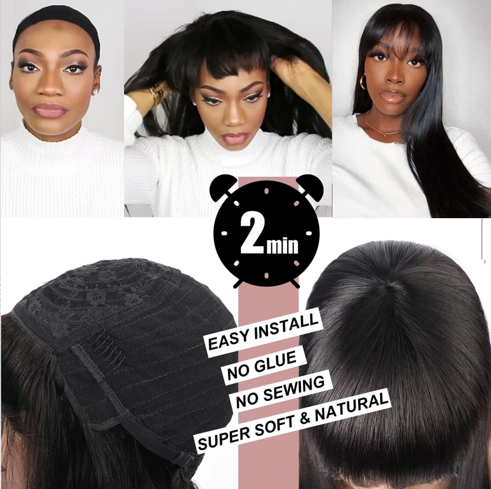 
180% Density Brazilian Straight Human Hair Wigs With Bangs Remy Full Machine Made Human Hair Wigs For Women 10-50Inch Fringe Wig 