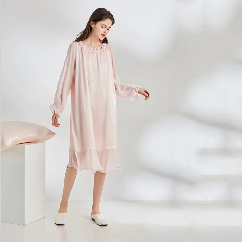 Wholesale Custom silk nightgown Women Sleepwear Loungewear Long Sleeves dress Silk Pajamas