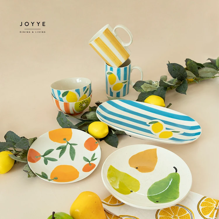 Joyye Custom Ceramic Coffee Mug Hand Painted Fruit Stripe Design Spring Summer Vibe Daily Drinking Cups 400ml Mugs