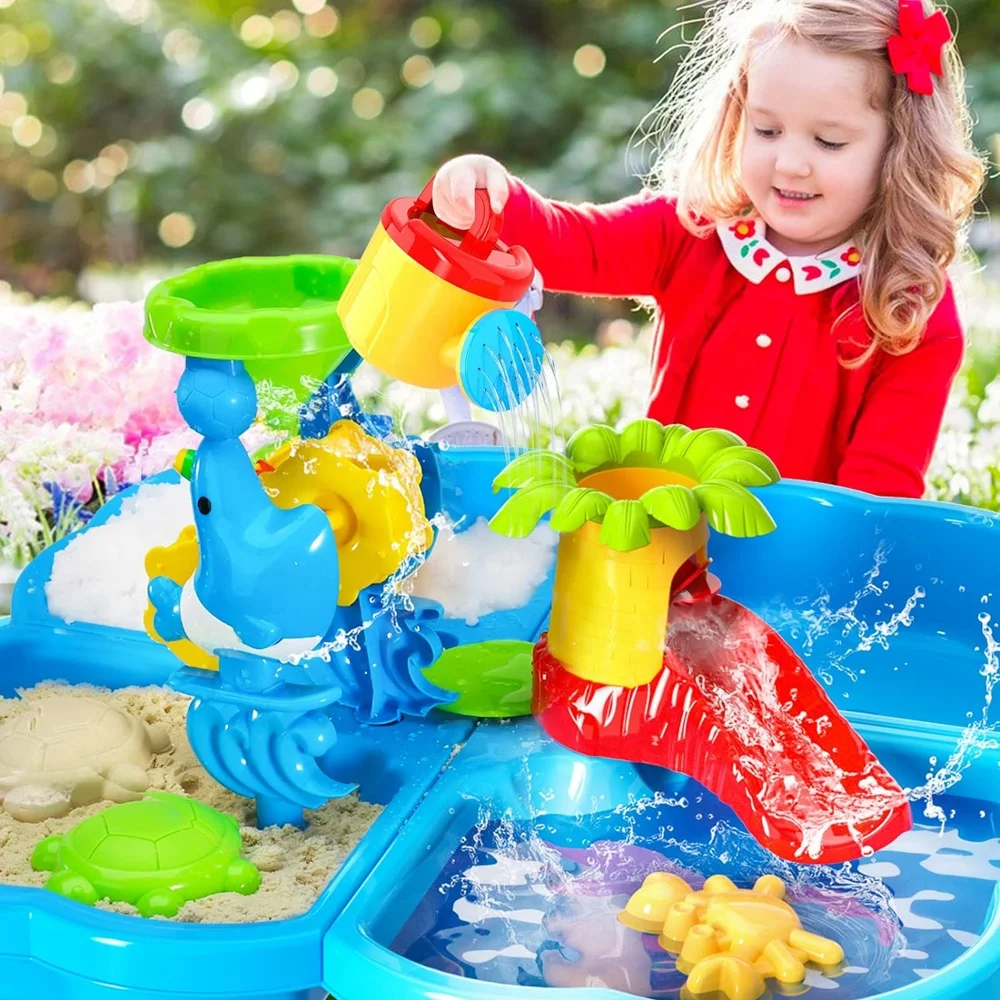 4 in 1 outdoor sand and water play table kids outside backyard sand water activity table beach sandbox toy with sand tool molds