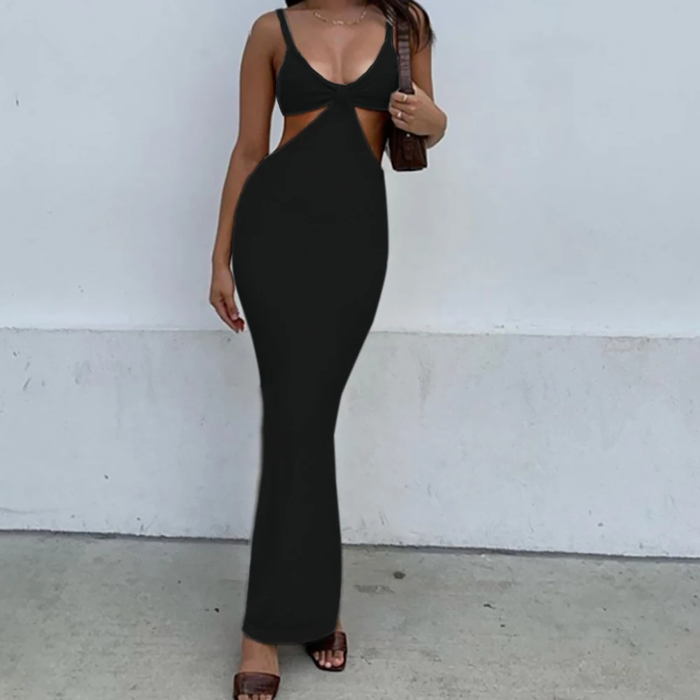 Women elegant deep V-neck solid color bandage backless summer new fashion knit sexy long dresses for ladies