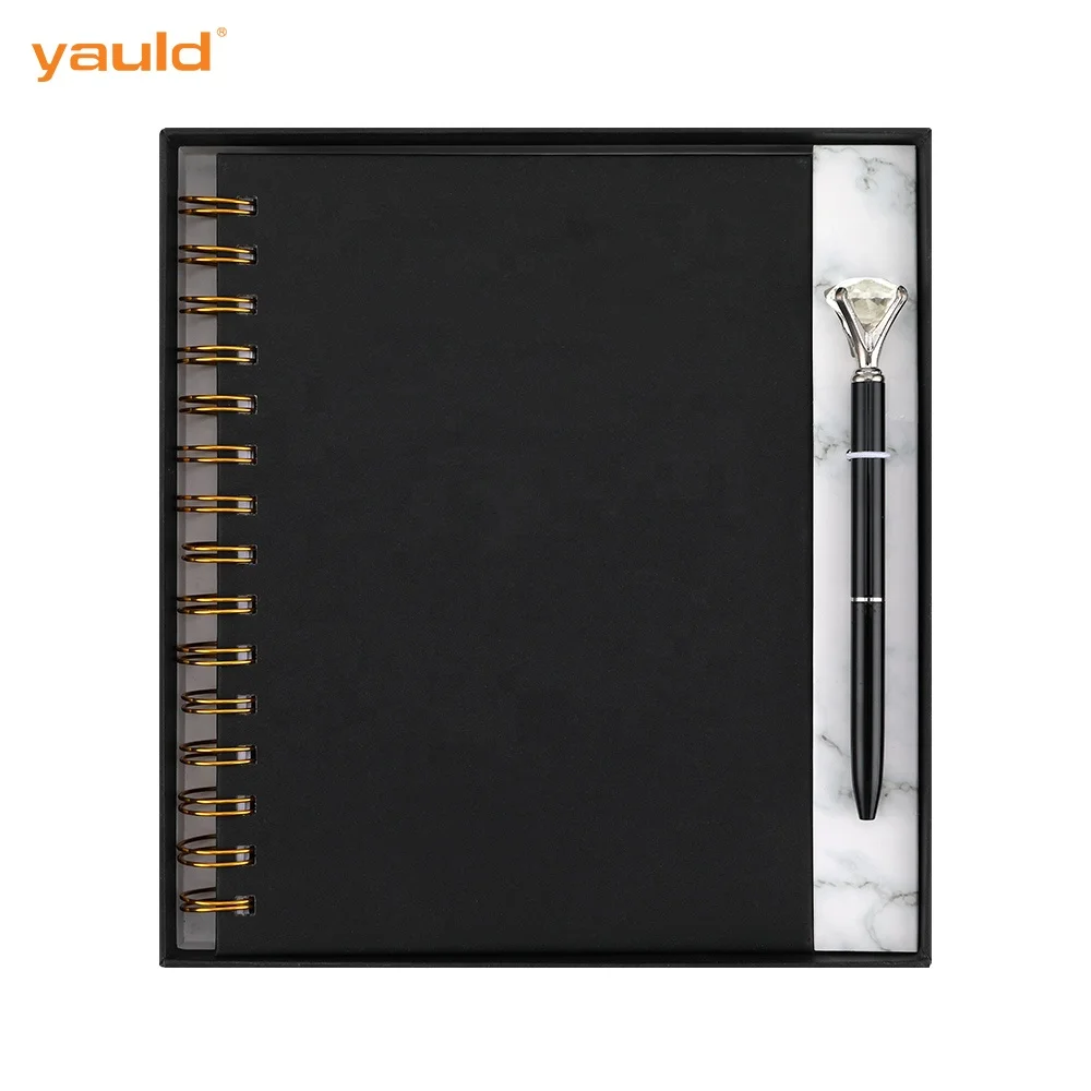 Оптовая продажа, индивидуальная печать, роскошная бумага для письма, черный Жесткий переплет A4 A5, спиральный дневник, Блокноты с ручкой, подарочный набор