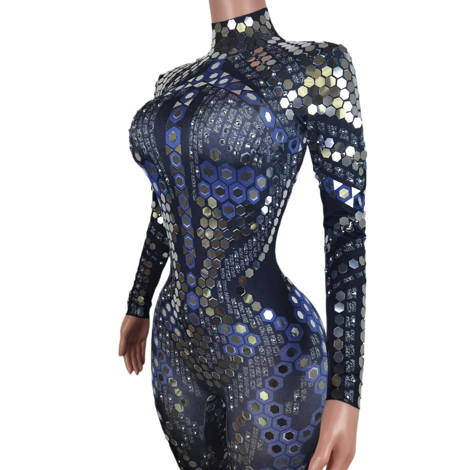 Sexy Long Sleeves Stretch Sequin Stage Performance Rompers Dancer Costume Slim Fit One Piece Bodysuit Women Rhinestone Jumpsuit