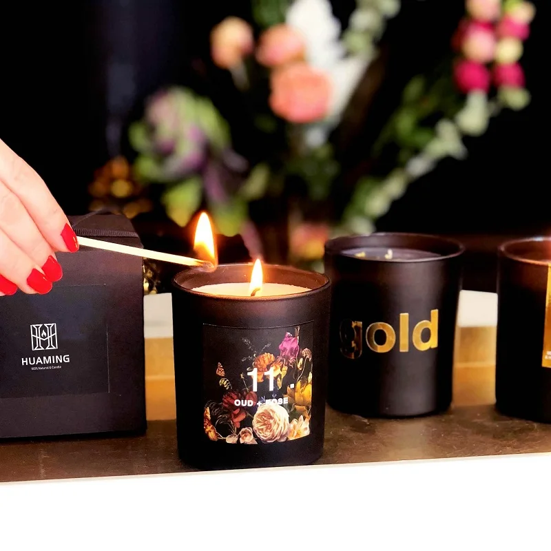 Luxury Glade Girly Romantic Rose Essential Oil Aroma Candle Gift Set Custom Soy Wax Scented Candles in a Black Ceramic Jar