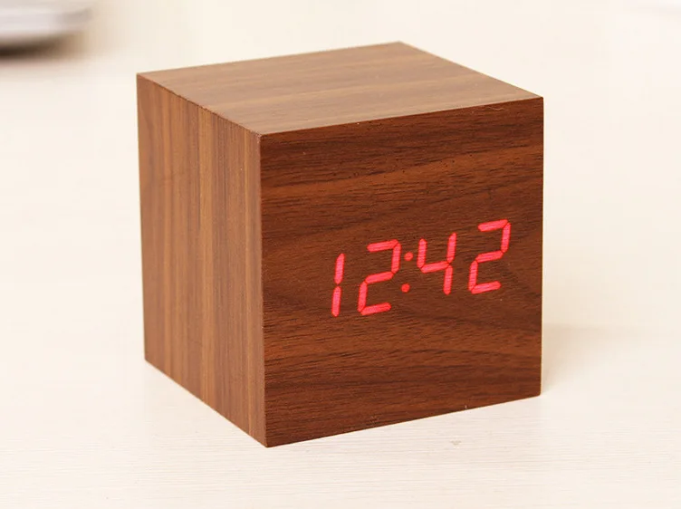 Factory sales creative led wooden alarm clock electronic square mini thermometer bedside alarm clock