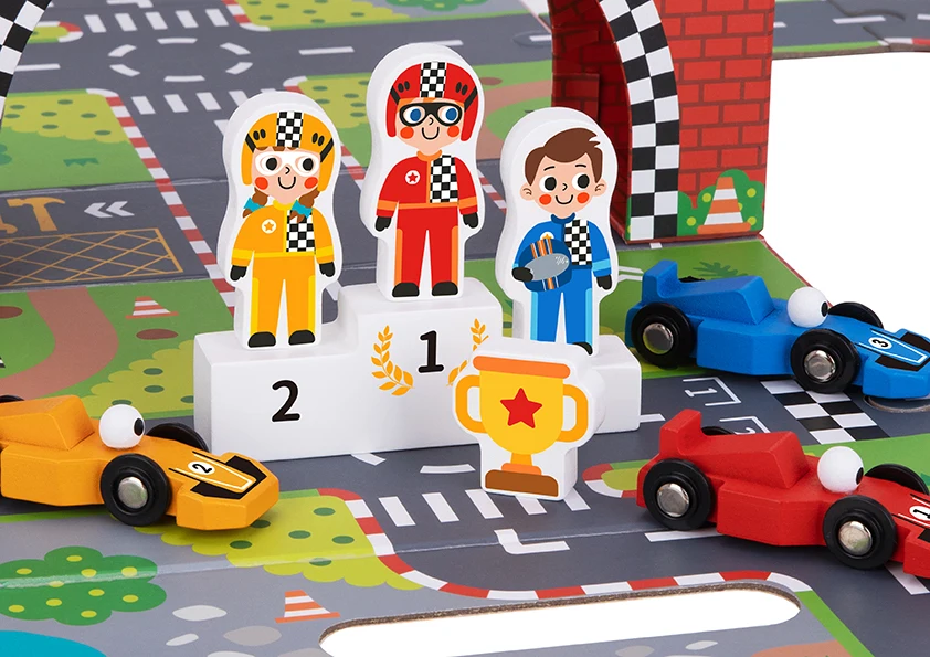 Portable Expandable Racing Game Box with Race Track, Award Podium and Simulated Racing Toys.