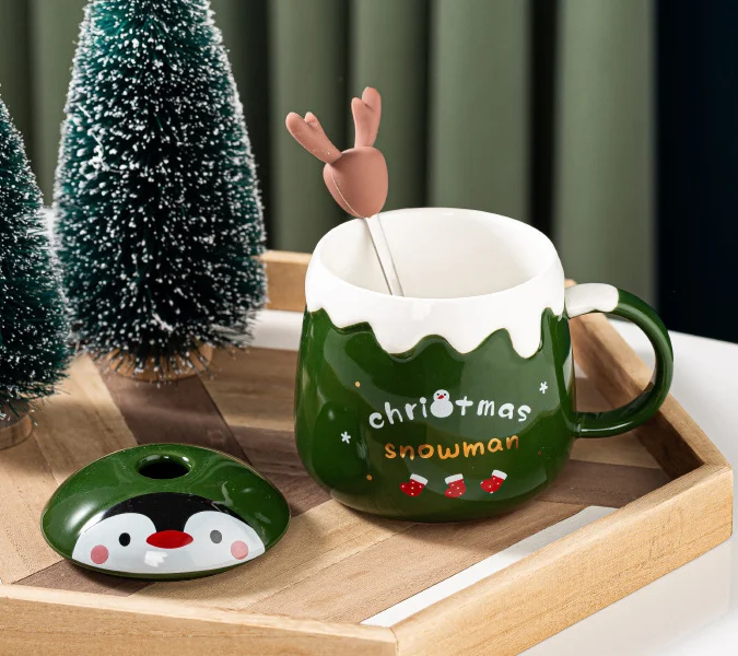 Creative Christmas Mug Cup With Spoon Cute Elk Christmas Cup Ceramic Coffee cup with lid for Christmas present