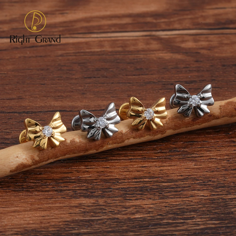 Right Grand ASTM F136 Titanium 16G Bow Tie Labret Lip Stud Earring with CZ Helix Cartilage Conch Tragus Flat Back Piercing