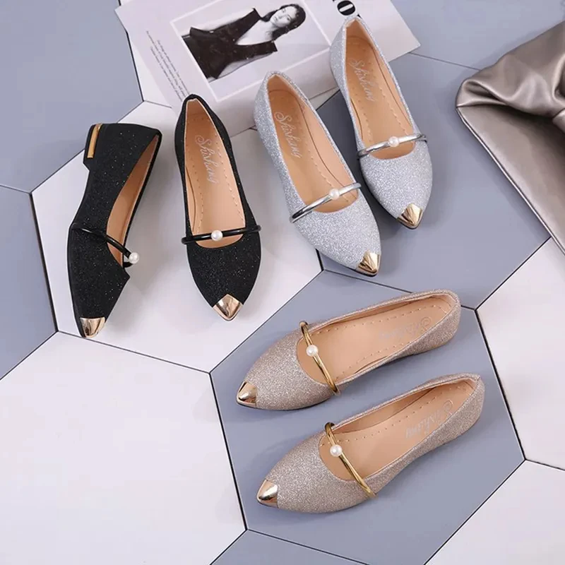 2024 Bling frosted upper Women Shoes Flat female Outdoor Daily Wear Leather Office Shoe non-slip lightweight ladies closed shoes