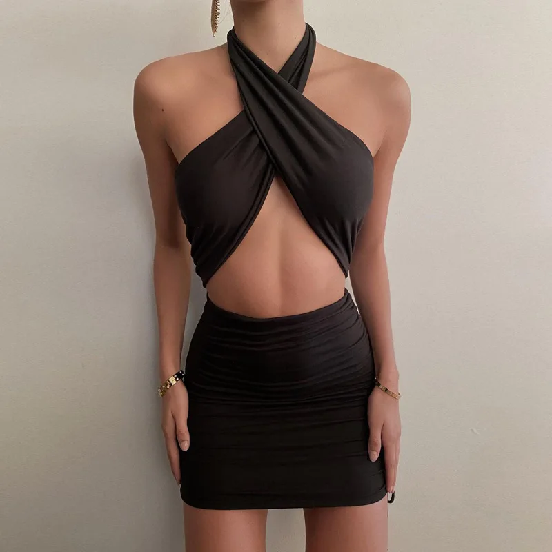 
Summer 2021 Sexy Solid Color Drawstring Pleated Cross Halter Neck Bodycon Mini Dress For Women 