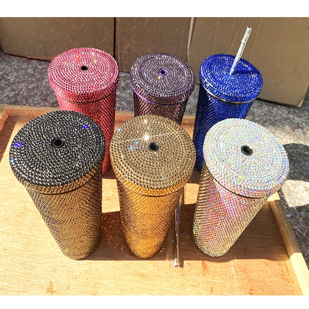 B200 high quality diamond Double Layer Stainless Steel tumbler bottle rhinestone vacuum flask with straw