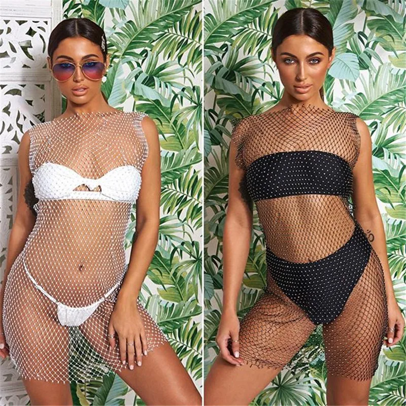 beaded blouse  fine mesh shiny drill rhinestone Sexy night Mini Club Dress