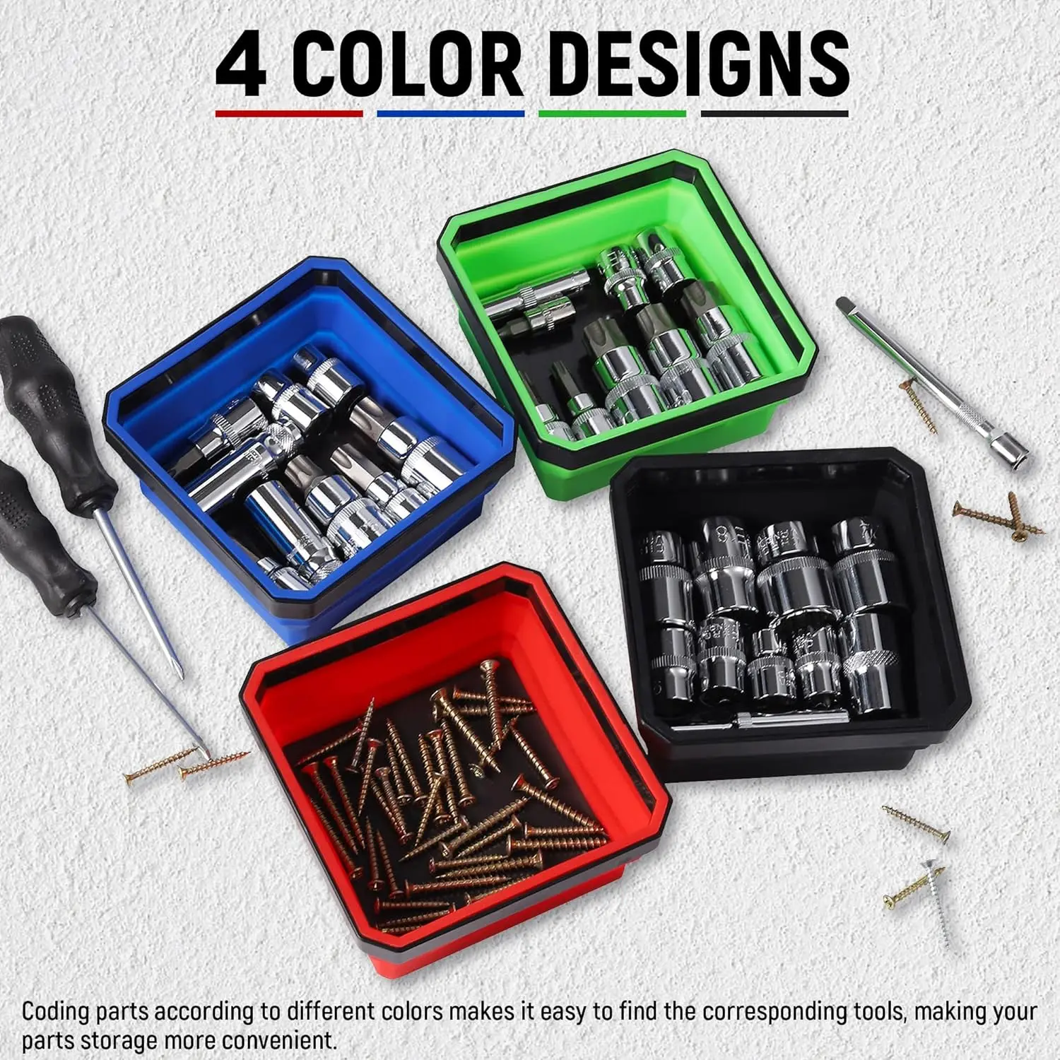 141120 Collapsible Magnetic Parts Tray Set 4-piece, Insulating silicone, Dual-sided Thickened Rare Earth Magnetic Base