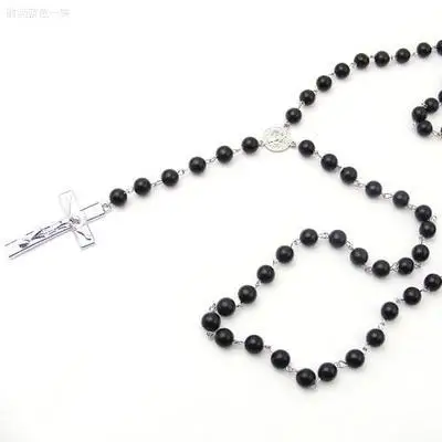 Fashion Black Beads Jesus Cross Rosary Necklace for Women Men