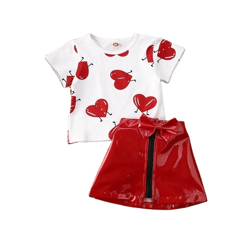 Toddler Girl Clothes Infant Summer Clothing Cute T-shirt Tops Red PU Leather Skirts Set