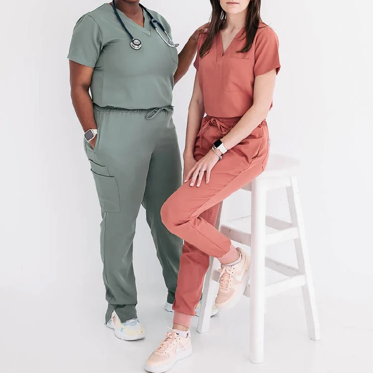 Custom Logo V Neck Tops Four Way Stretch Scrubs Uniforms Sets Nurse Lightweight Slim Fitting Womans Scrubs Sets