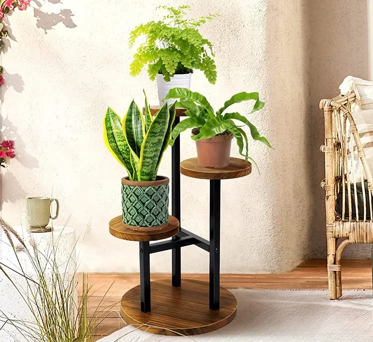 3 Tier Tall Plant Flower Pot Shelf Holder Outdoor Display Rack Living Room Balcony Garden Corner Wood Plant Stand Metal Indoor