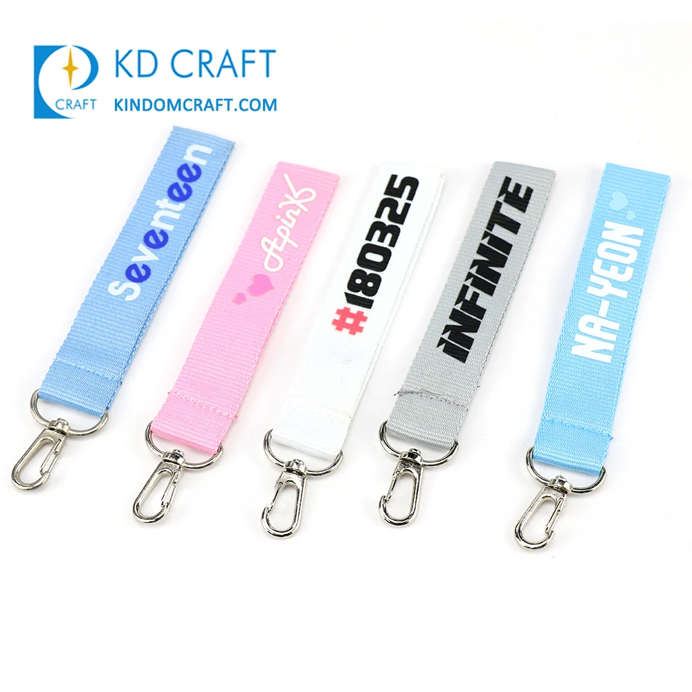 Wholesale custom logo printed satin nylon half keychain ribbon strap short small keychain lanyard with breakaway clip