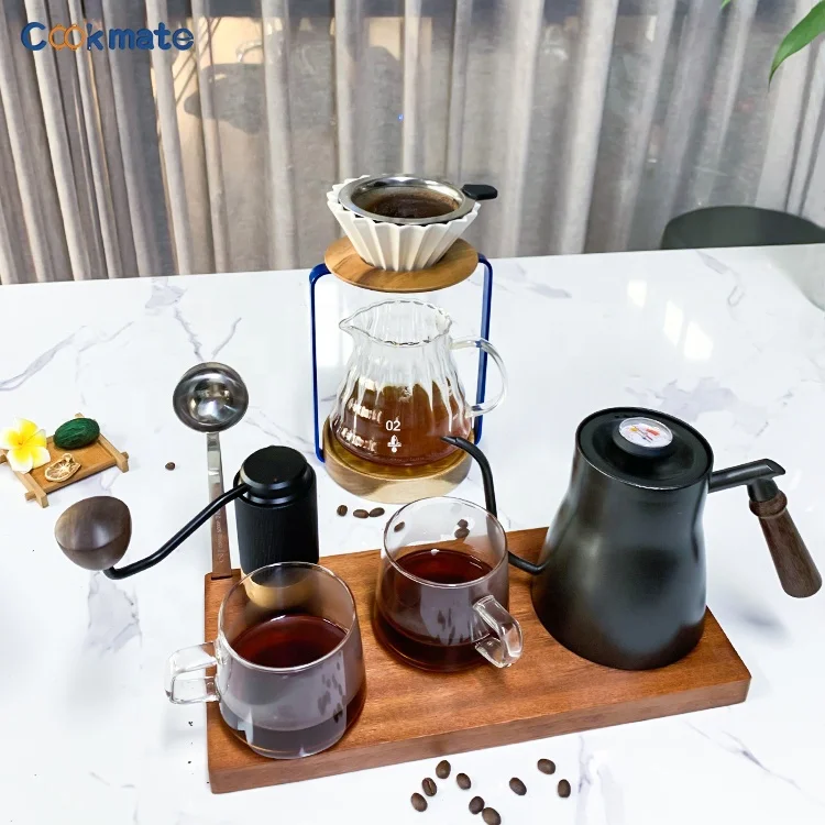 COOKMATE New Design Hot Sale Wooden Base Hand Drip Frame Coffee Strainer Holder Pour Over Coffee Driper Set