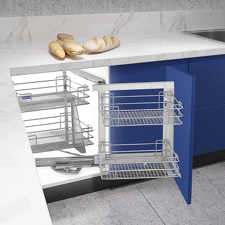 High Quality Wholesale Cheap Kitchen Cabinet Storage Wire Basket Magic Corner 2 Tier Pull Out Basket For Sale