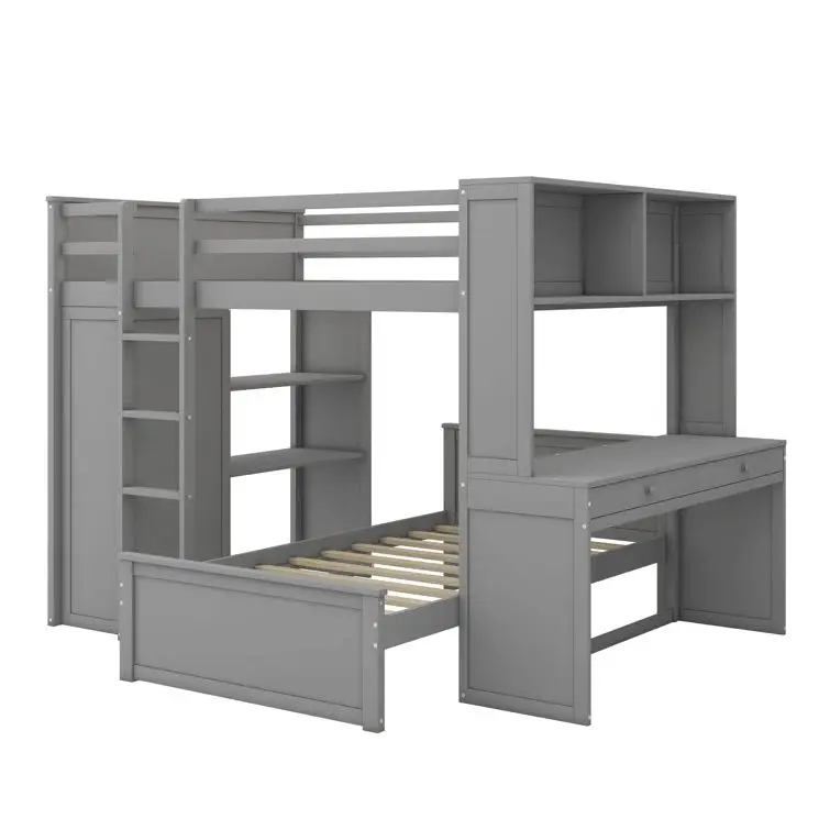 Modern Home Furniture Wooden Bedroom Bunk Loft Bed Fram Furniture Full Size Bunk Bed with Twin Study Desk