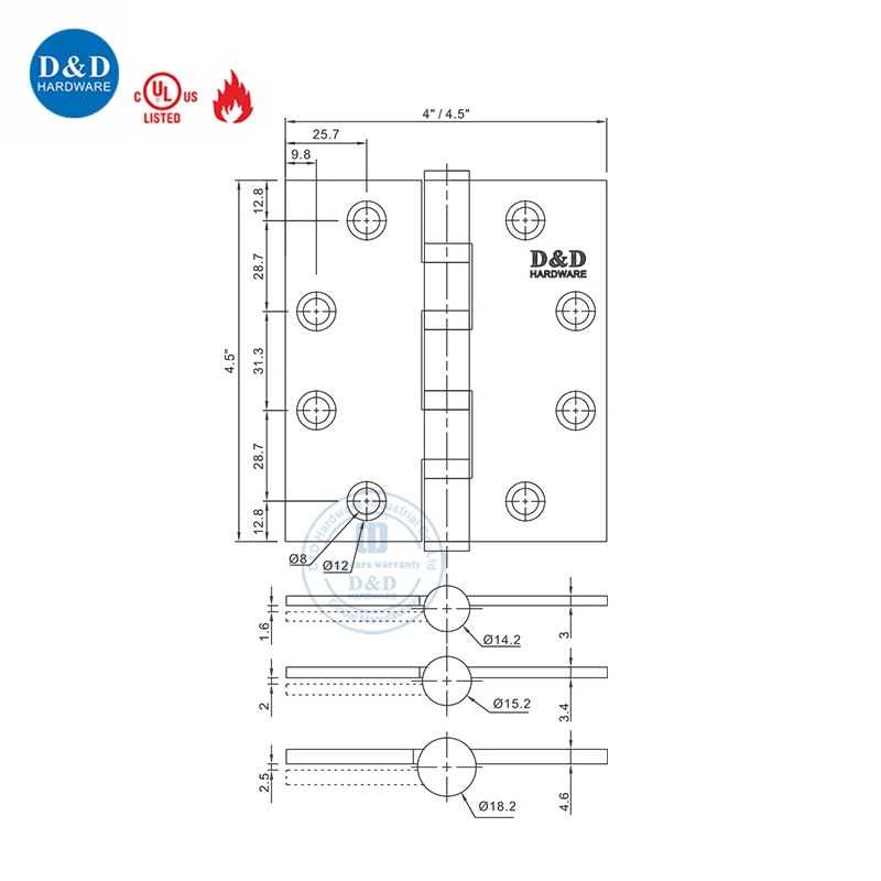 UL Fire rated door hardware SUS316 SUS304 Polished Stainless Steel door Hinges for hotel