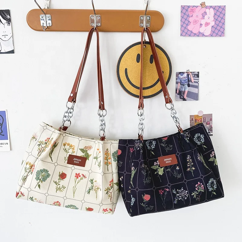 Bestseller Korean Retro Full Floral Print Large Capacity Pu Chains Strap Canvas Messenger Shoulder Handbag Women Tote Bag
