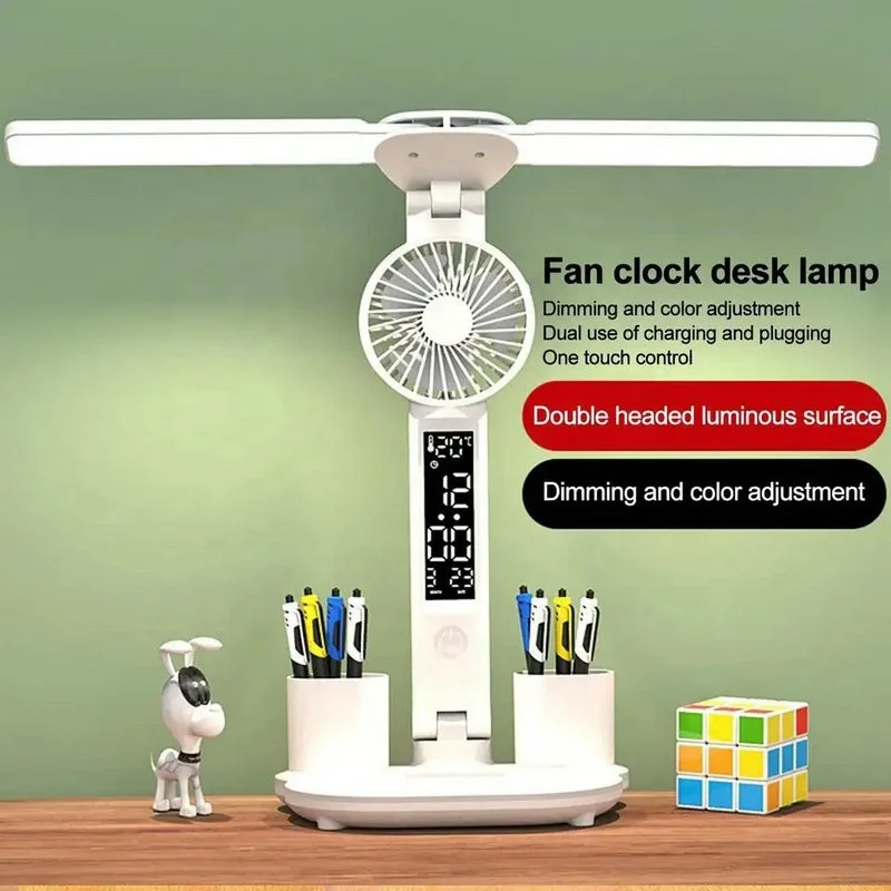 Dual Head LED Desk Lamp With Calendar Clock And Fan Touch Control Table Lamp With Pen Holder For Bedroom Study Reading Lamp