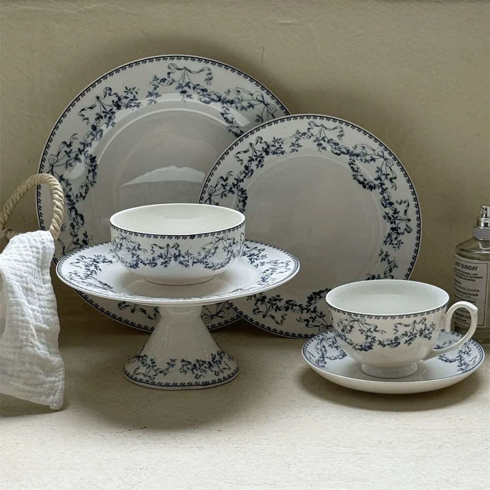 Vintage French Blue Flower Medieval Ceramic Dinnerware Set Porcelain Bowls Dinner Plates Dishes Tea Cups Tableware Sets
