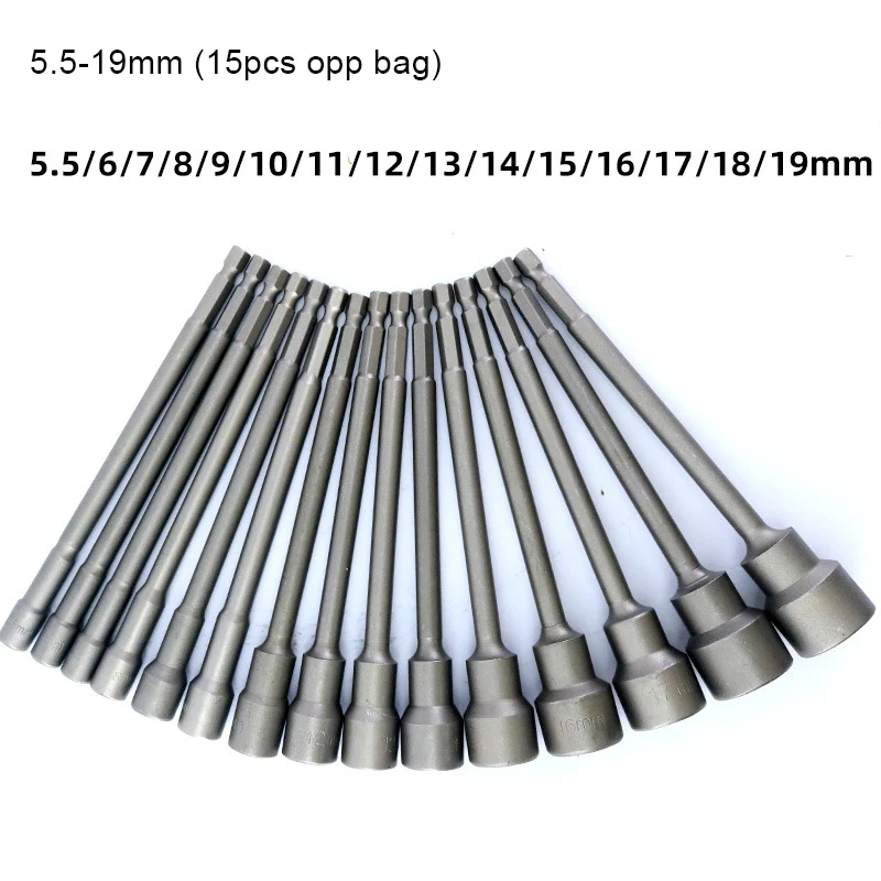 5.5-19mm Magnetic Nut Setter Driver Socket Bit Set 1/4 Inch Hex Shank 150mm Long