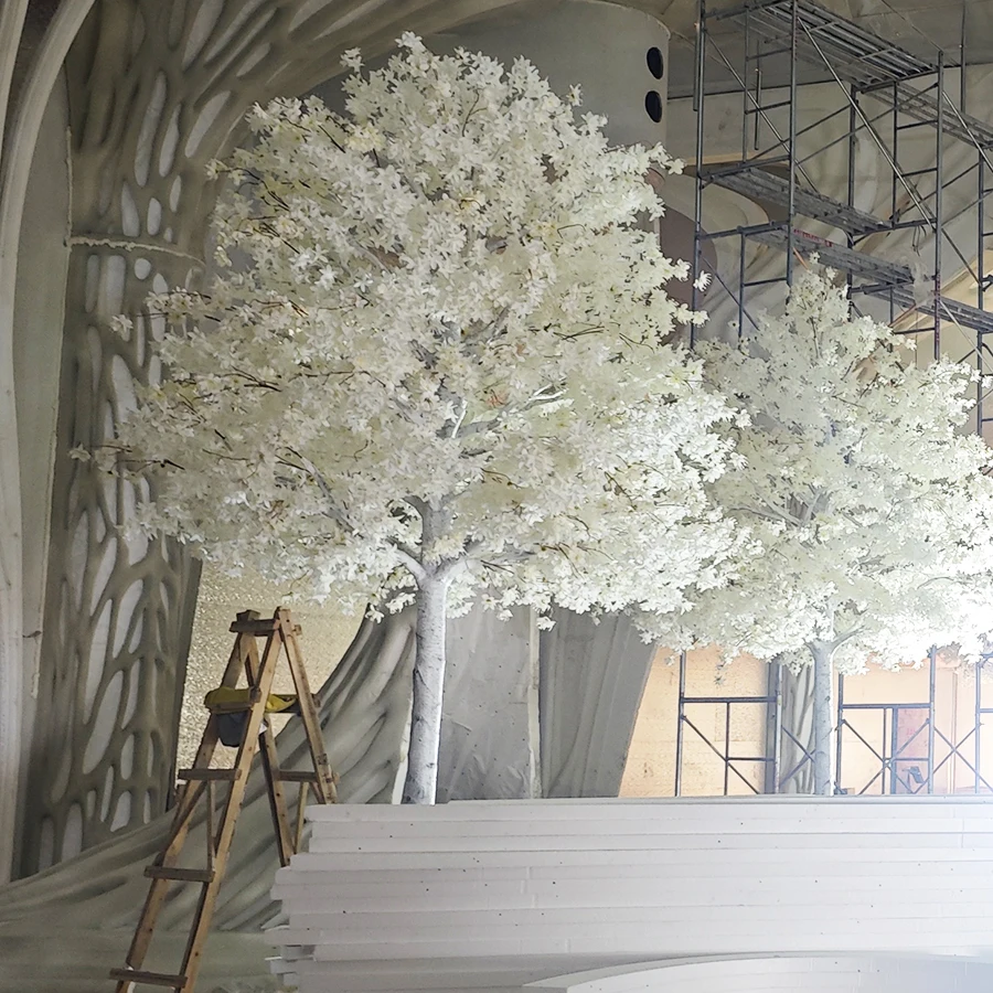Creative design hotel mall indoor wedding decoration white flower trees fiberglass artificial plants birch blossom tree