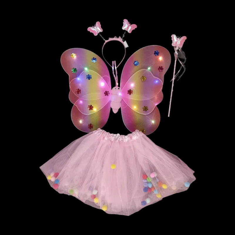 Mardi Gras Carnival Cosplay Costume Performance Clothes Hair Band Fairy Stick Tutu Skirt Dress Bee Wings 4-Piece Set