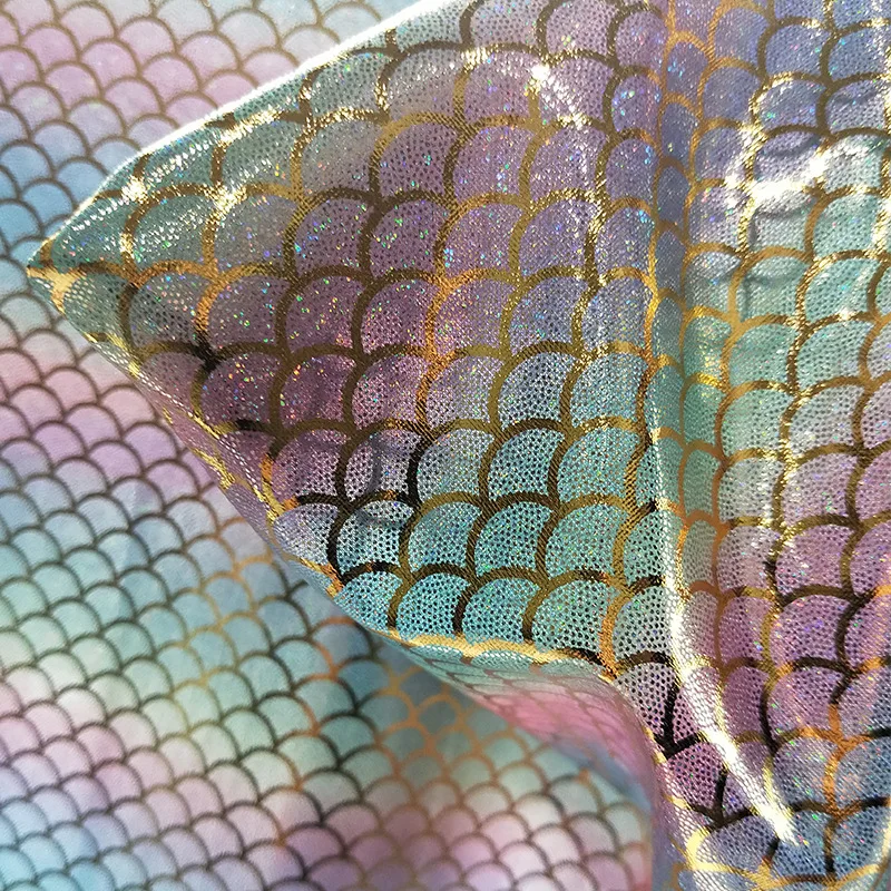 Wholesale Morden Iridescent Sparkly 100% Polyester Rainbow Crystal Laser Foil Print Mermaid Scale Holographic Foil Lame Fabric