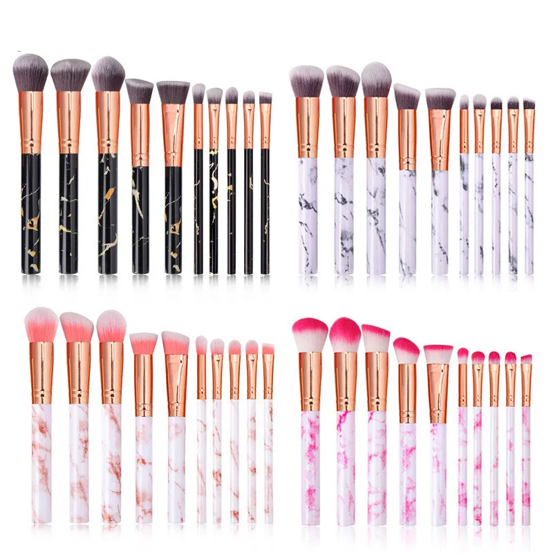 HMU Professional Make Up Brush Set Natural Gemstone Kabuki Cheap 10pcs Marble Handle Makeup Brushes With Case