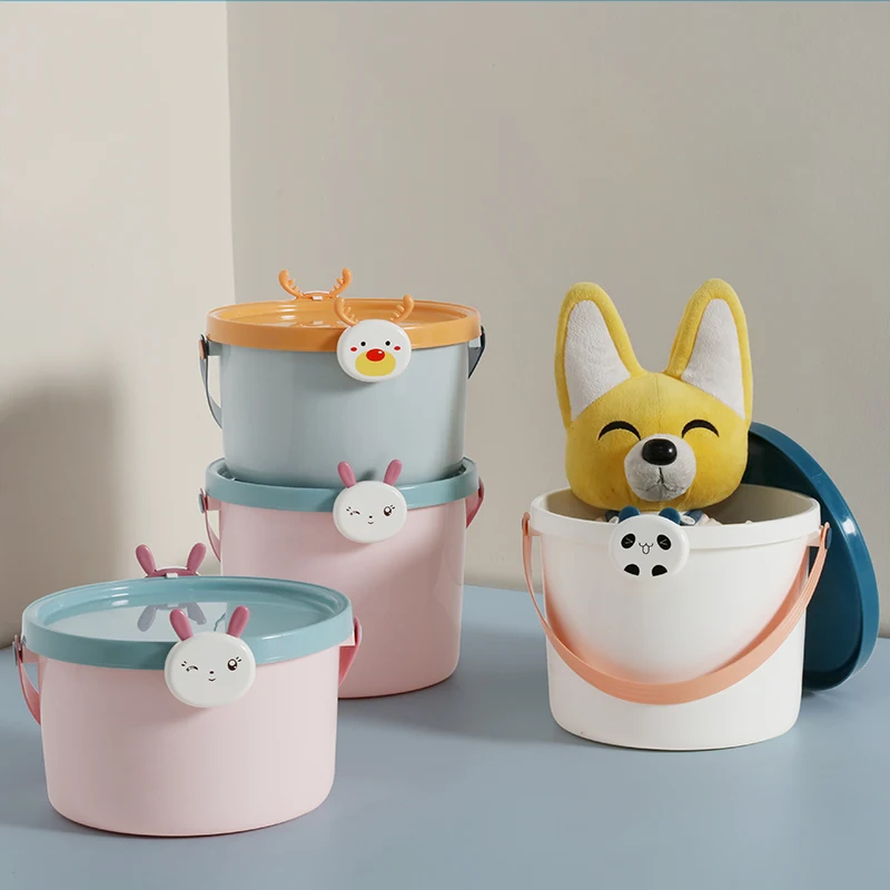 Cartoon design interior toy bucket for children, portable plastic storage bucket Lego storage box for children with lid