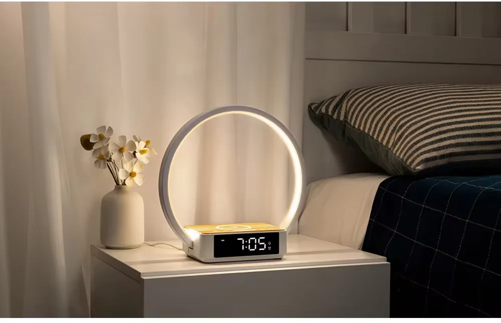 LED Wake up Light With Alarm Clock and Calendar Modern Bedside Snooze Function Wireless Charger 10W 12v Night Lamp