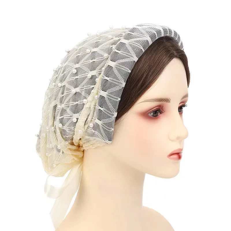 Yiwu Muqian Trading Firm Full head hat with lace bow internet celebrity hot style Beaded headscarf and hat for Muslim women