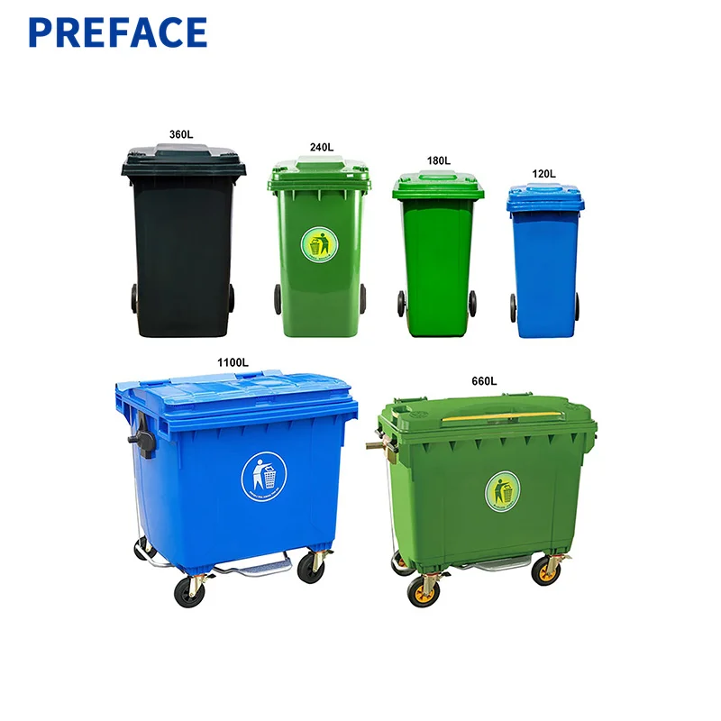 Preface Wholesale 120l 240l 360l 660l 1100l Outdoor Recycle Dustbin Euro Plastic Foot Pedal Waste Bin with On Wheels