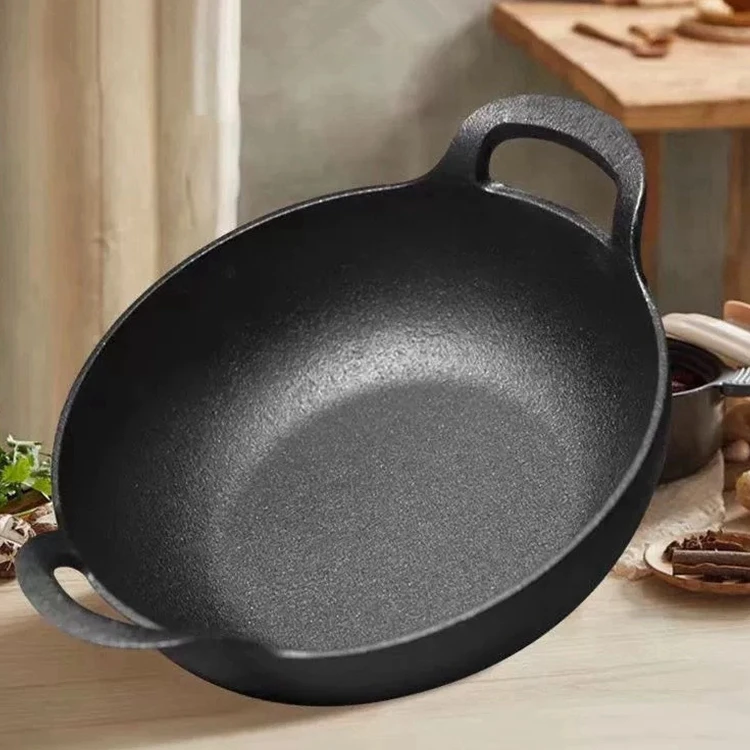 Round Black Cast Iron Deep Frying Pan Kitchenware Soup Pot Non Stick Cast Iron Wok